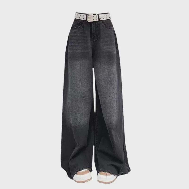 Women's Black Wide-Leg High-Waist Raw Edge Jeans