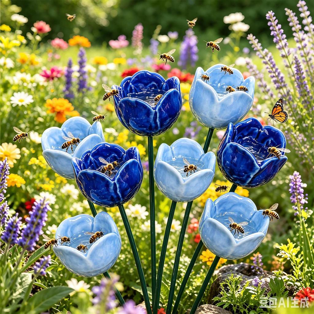 4PCS Ceramic Bee Watering Cups, Handmade Flower Shaped Garden Decor, Butterfly Hummingbird Drinking Station for Outdoor Yard