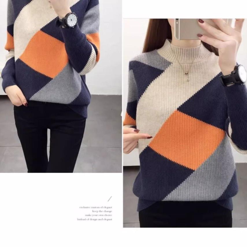 Women's Half Turtleneck Sweater Fall Winter Loose Knit Sweater Top Color-blocked Pullover Knit Jumper Outerwear