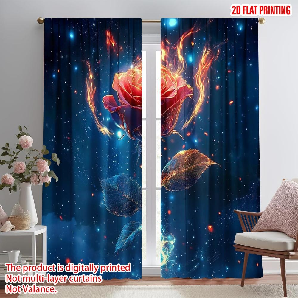 

2pcs 2D flat printing Curtain A burning rose Polyester Fabric Without Electricity Holiday Decorations Use for Outdoor Holiday 100*130 Rod Pocket 1pcs
