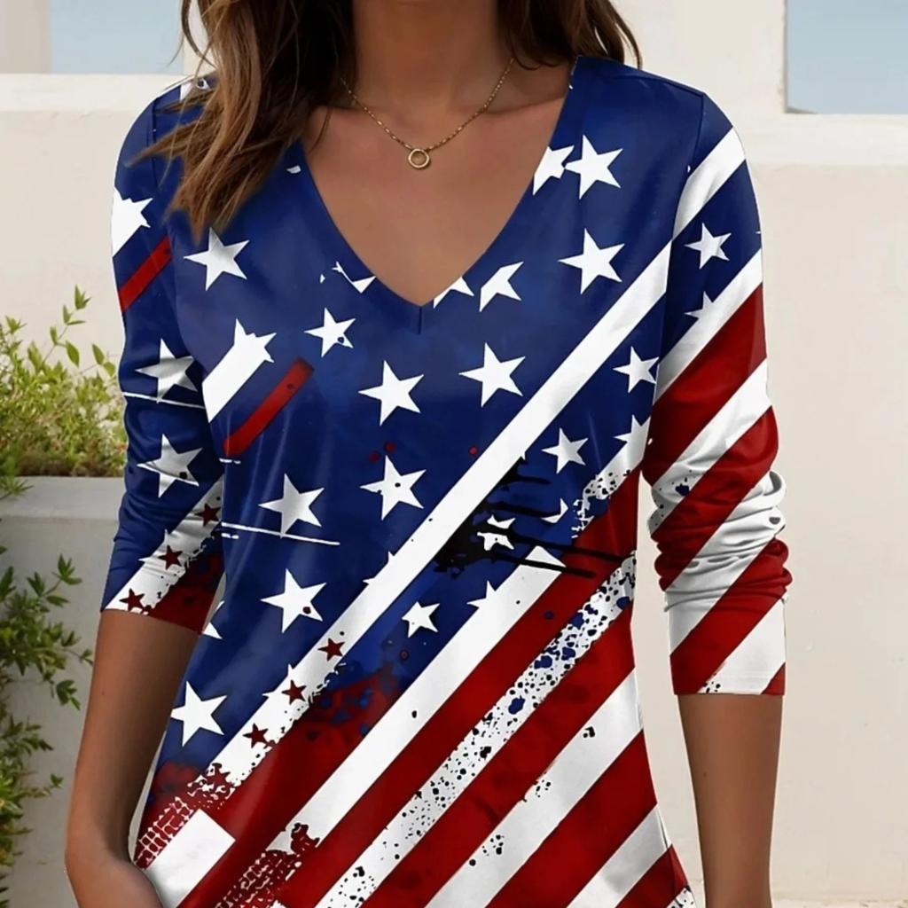 Women's 3D Printed V-Neck Long Sleeve T-Shirt Fashion Versatile Trend Breathable Casual