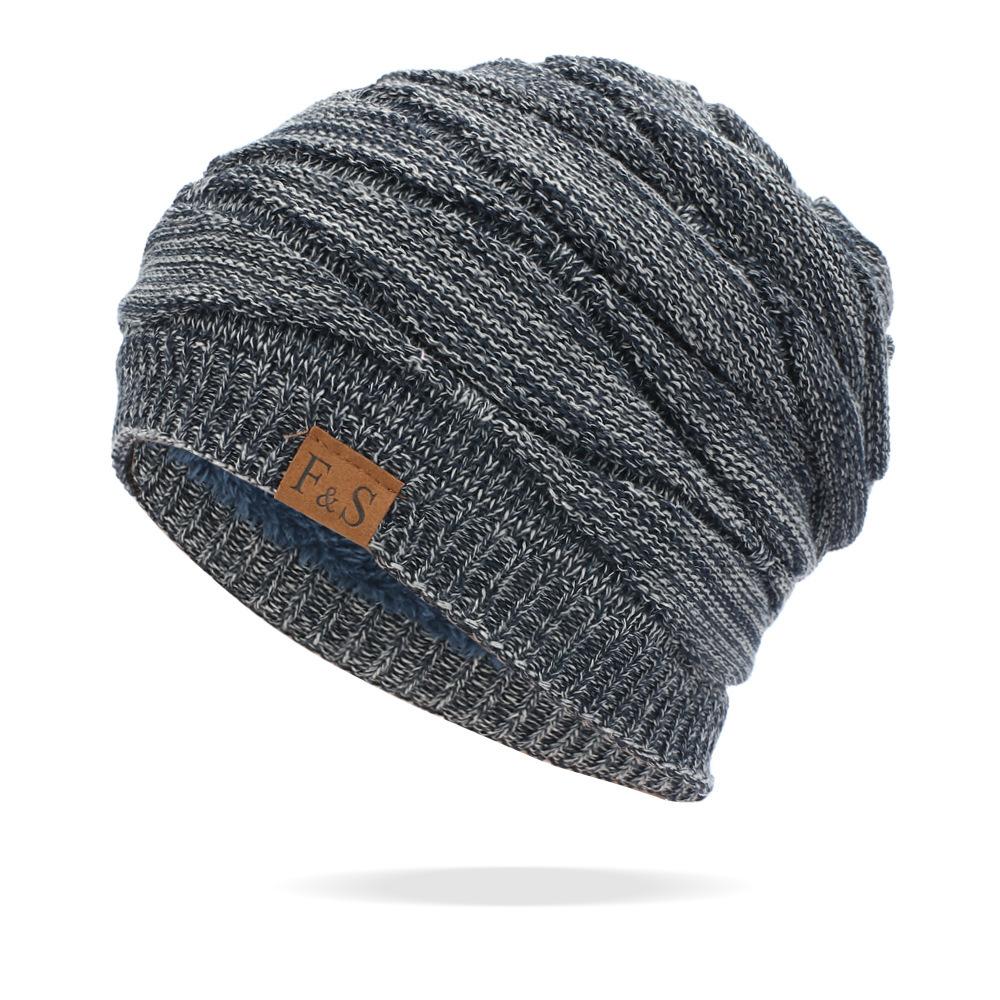 New Unisex Slouchy Winter Hats Add Fur Lined Men And Women Warm Beanie Cap Casual Label Decor Winter Knitted Hats