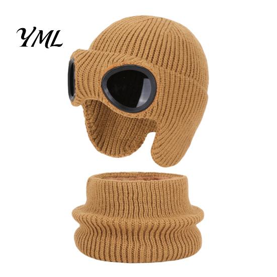 Boys Girls Thermal Winter Accessories 1 Set Knit Hat Neck Warmer for Kids, Earflap with Goggles, Playful Goggle Decor Kids Fleece Lined Aviator
