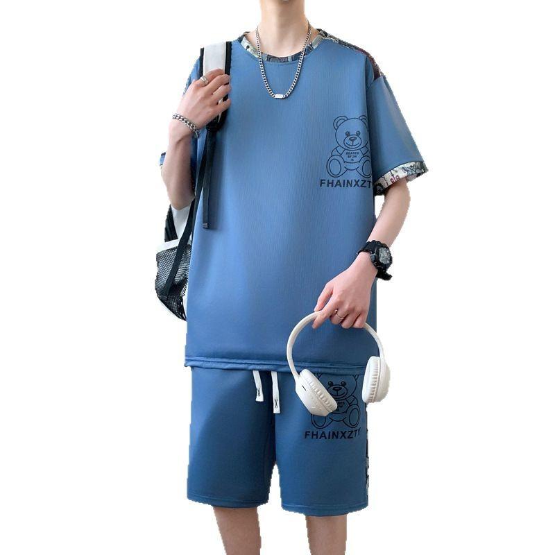 Men's Casual Loose Ice Silk Round Neck Short-sleeved T-shirt Shorts Two-piece Set