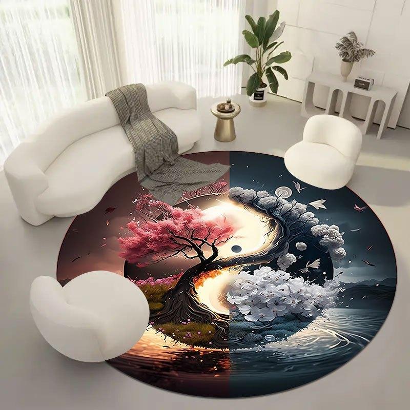 Cherry Blossom Mountain View Flannel-printed round floor mats are slip-resistant Suitable for living room terrace garden carpets