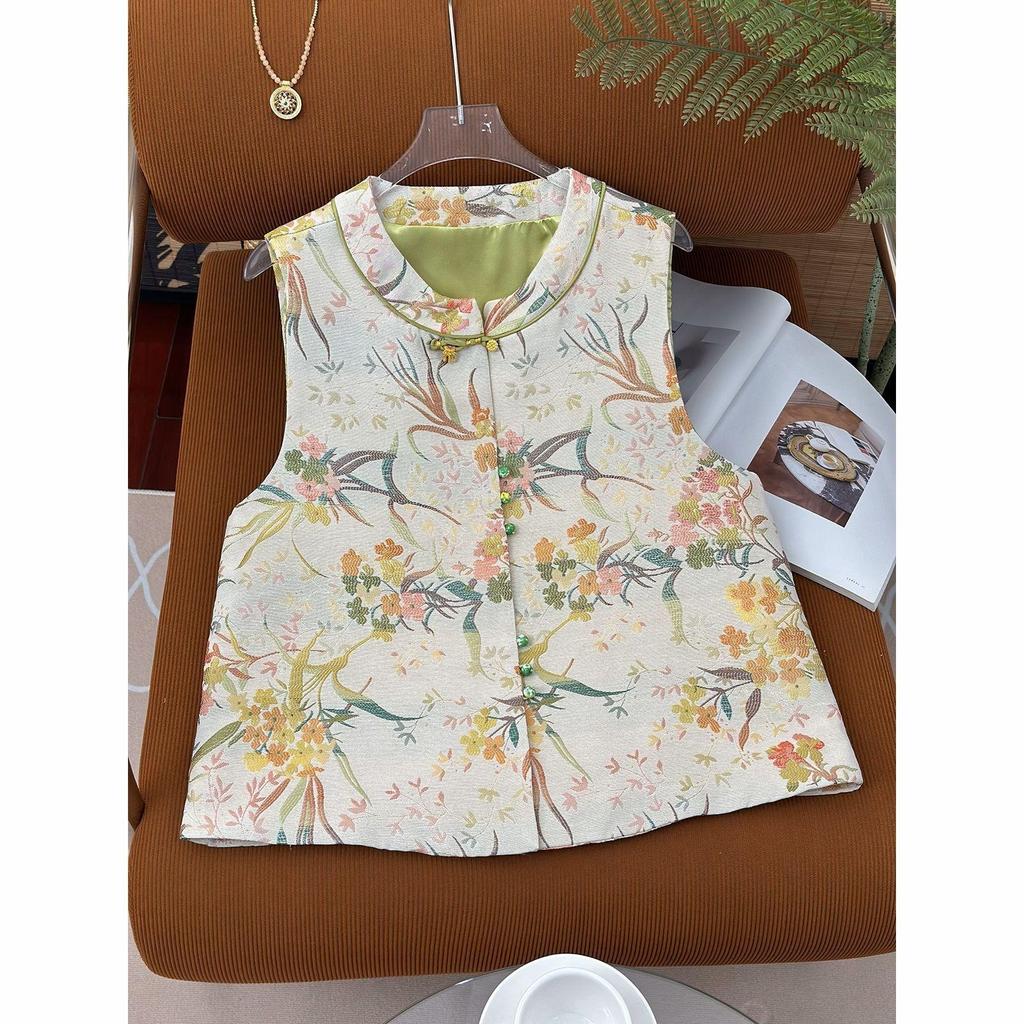 Brocade jacquard round neck retro literary vest women's spring and autumn new small fresh design vest top