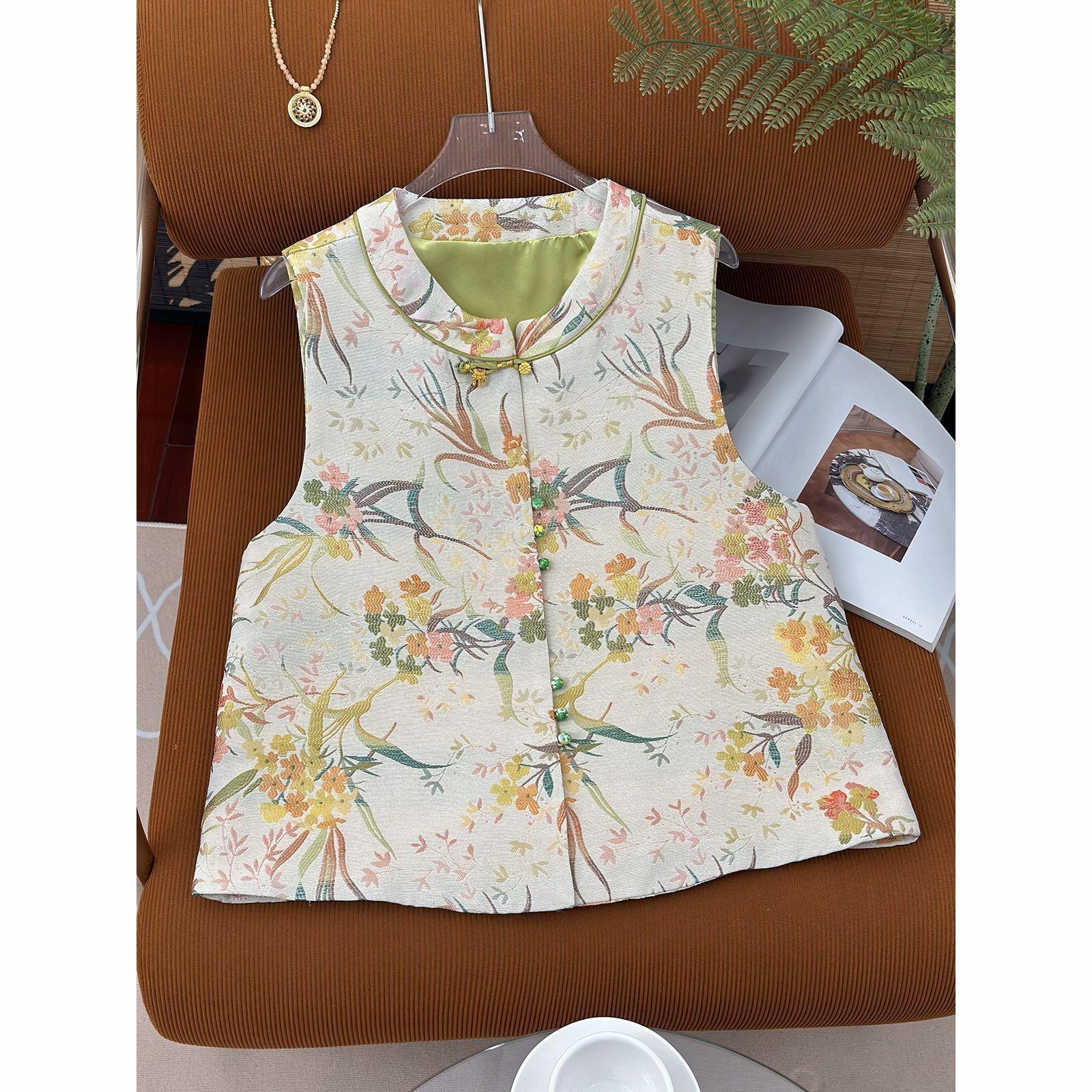 

Brocade jacquard round neck retro literary vest women s spring and autumn new small fresh design vest top 3XL (recommended 138-75 kg)