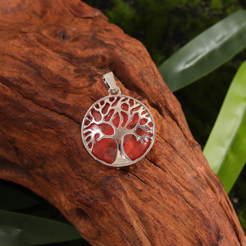 Cross Hollow Life Tree Pendant: Natural Crystal Agate Money Tree Necklace, Natural Stone Round Wishing Tree Pendant.