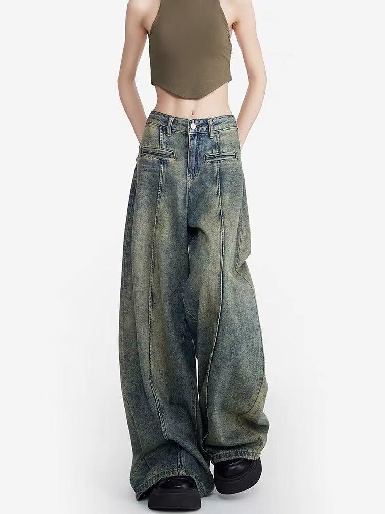 Women s High-Waist Yellow Wide-Leg Denim Jeans - Autumn Retro Design M