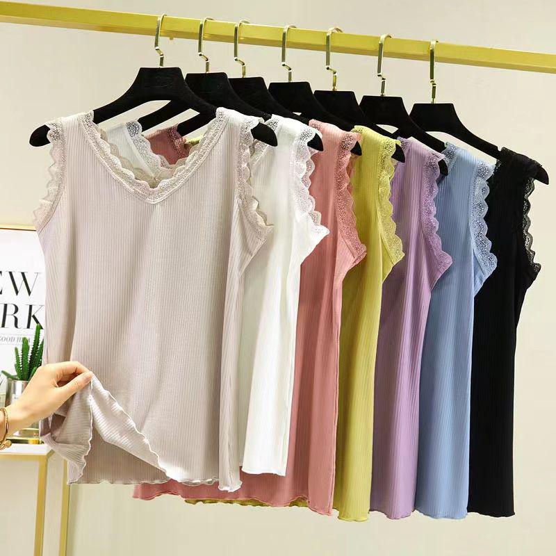 Women's Summer Lace Trim V-Neck Ribbed Tank Top - Ice Silk Sleeveless Base Layer, Plus Size