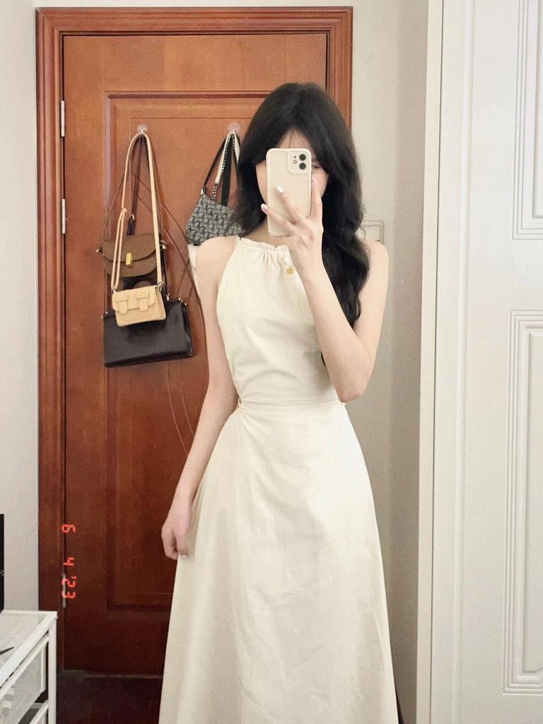 Elegant French Niche Backless Halter Strap Hollow Sleeveless Tie Long Dress