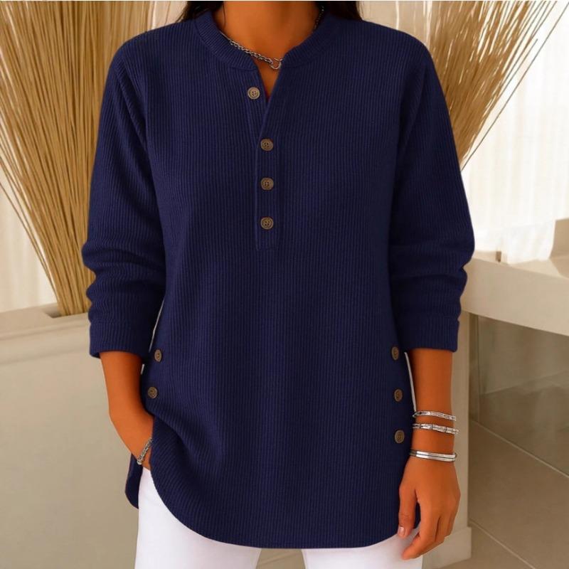 Women's Autumn Waffle Henley Shirt Long Sleeve Button Casual Loose Top
