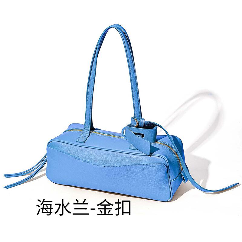 New Bowling Bag Simple and Fashionable First Layer Cowhide Messenger Women's Bag Baguette Bag
