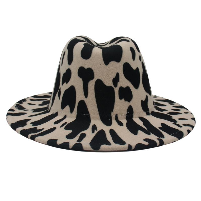 New Six-Color Cow Pattern Top Hat, Men'S And Women'S Color Matching Woolen Big Eave Hat, Jazz Hat, Stage Felt Hat