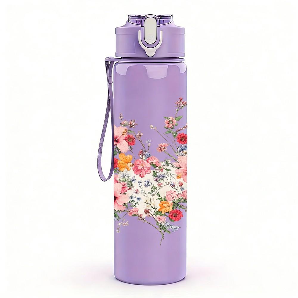 1PC Loose Soft Pastel Flower Cluster Print 750ml Color Plastic Sports Water Bottle Leakproof Flip Straw Lid Suitable for Sports Office Home Use