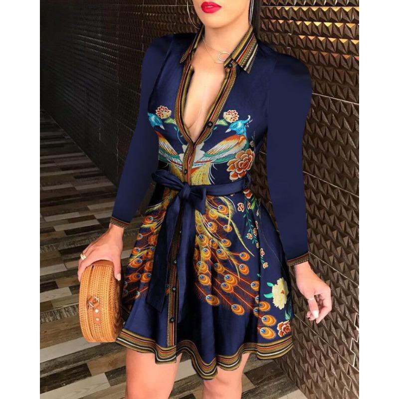Wish Hot Sale Long Sleeve Collar Strap Fashion Sexy Printed Dress Women