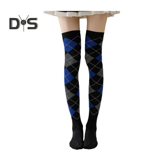 

1 пара зимних носков с ромбовидным принтом, теплые, очень свободные, чулки контрастного цвета для повседневной носки и танцев темно-синий