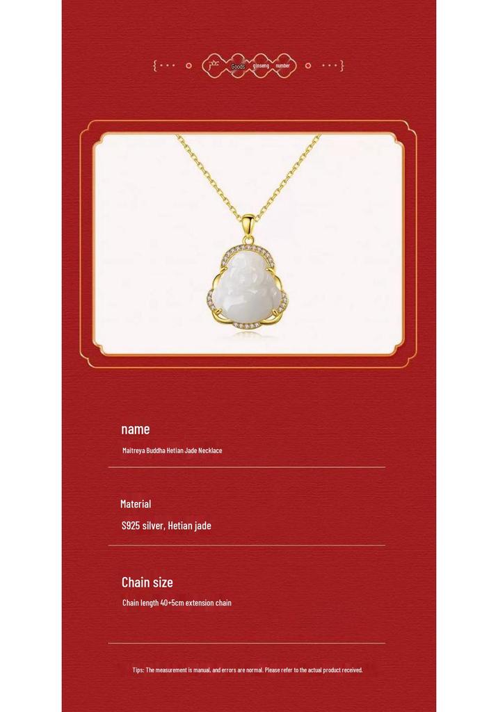 S925 Sterling Silver Hetian Jade Maitreya Buddha Necklace - Women's Trendy Ancient Style Clavicle Chain Pendant
