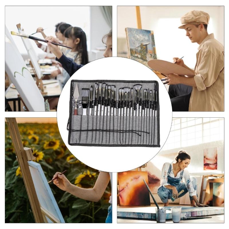 24Pcs Professional Paintbrush with Storage Case, Flat/Round/Fan/ Pointed Tip for Oil Acrylic Watercolor Rock Painting