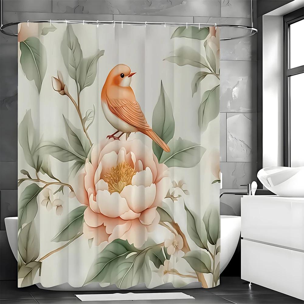 Różowa Kwiatowa Piwonia Ptak Zasłona Prysznicowa, Dekoracyjna Zasłona Prysznicowa do Łazienki, Wodoodporna Zasłona Prysznicowa z Haczykami