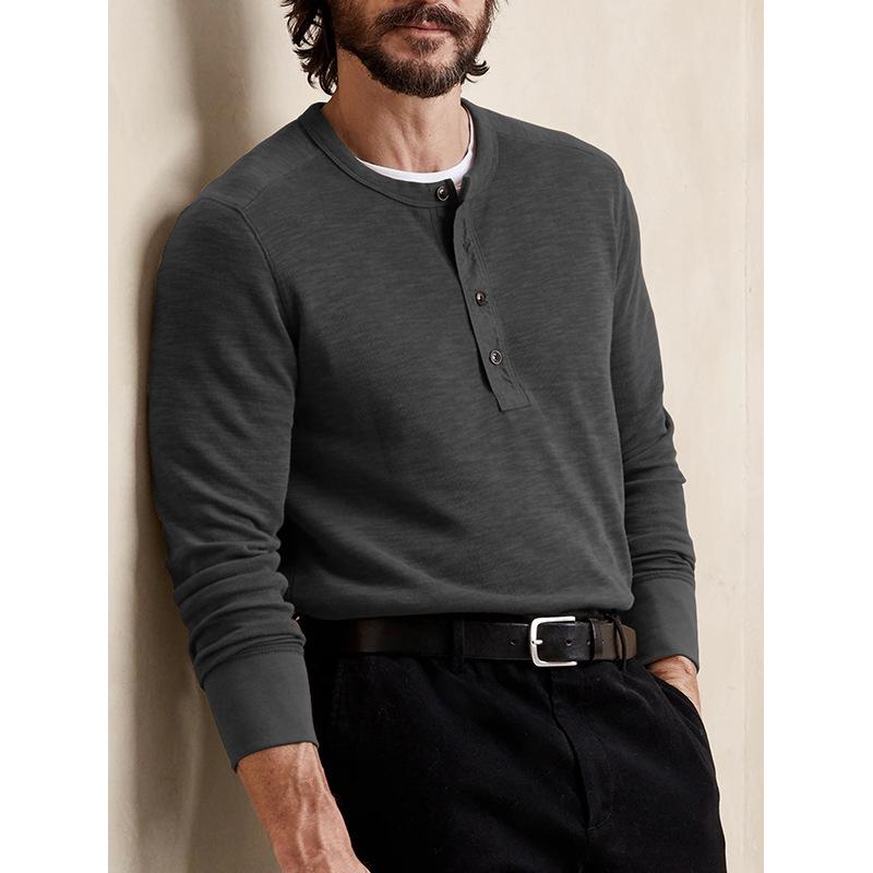 Mens Long Sleeve Crew Neck Fitted Casual Solid Henley T Shirt Top