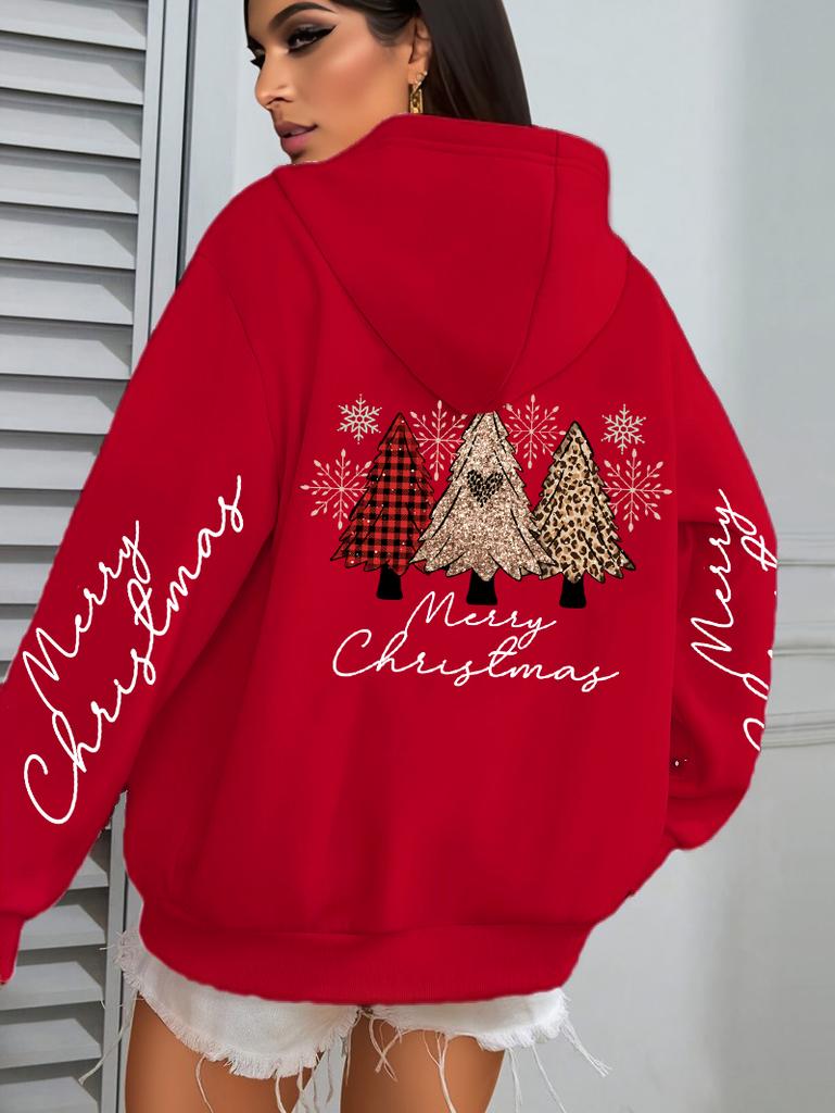Merry Christmas Leopard Plaid Trees Pattern Hoodies Women Hip Hop Autumn Hoodie Pocket Loose Streetwear Fleece Y2K Pullovers