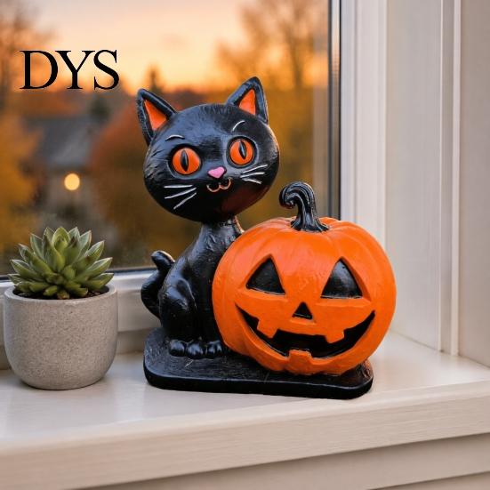 Durable Halloween Party Supplies Black Cat Pumpkin Skull Resin Statue, Cute Decoration for Artistic Desk Decor Indoor Outdoor Yard Table Decor,