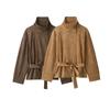 Womens 2026 Suede-Texture Belted Oversized Jacket Streetwear Style Long Sleeve Stand Collar