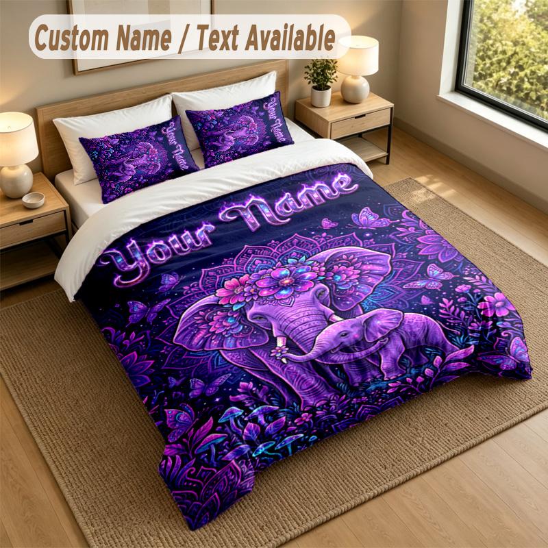 Elephant Theme Personalized 3Pcs Bedding Set Custom Text & Name 1 Sheet 2 Pillowcases Household Bedding 1pc