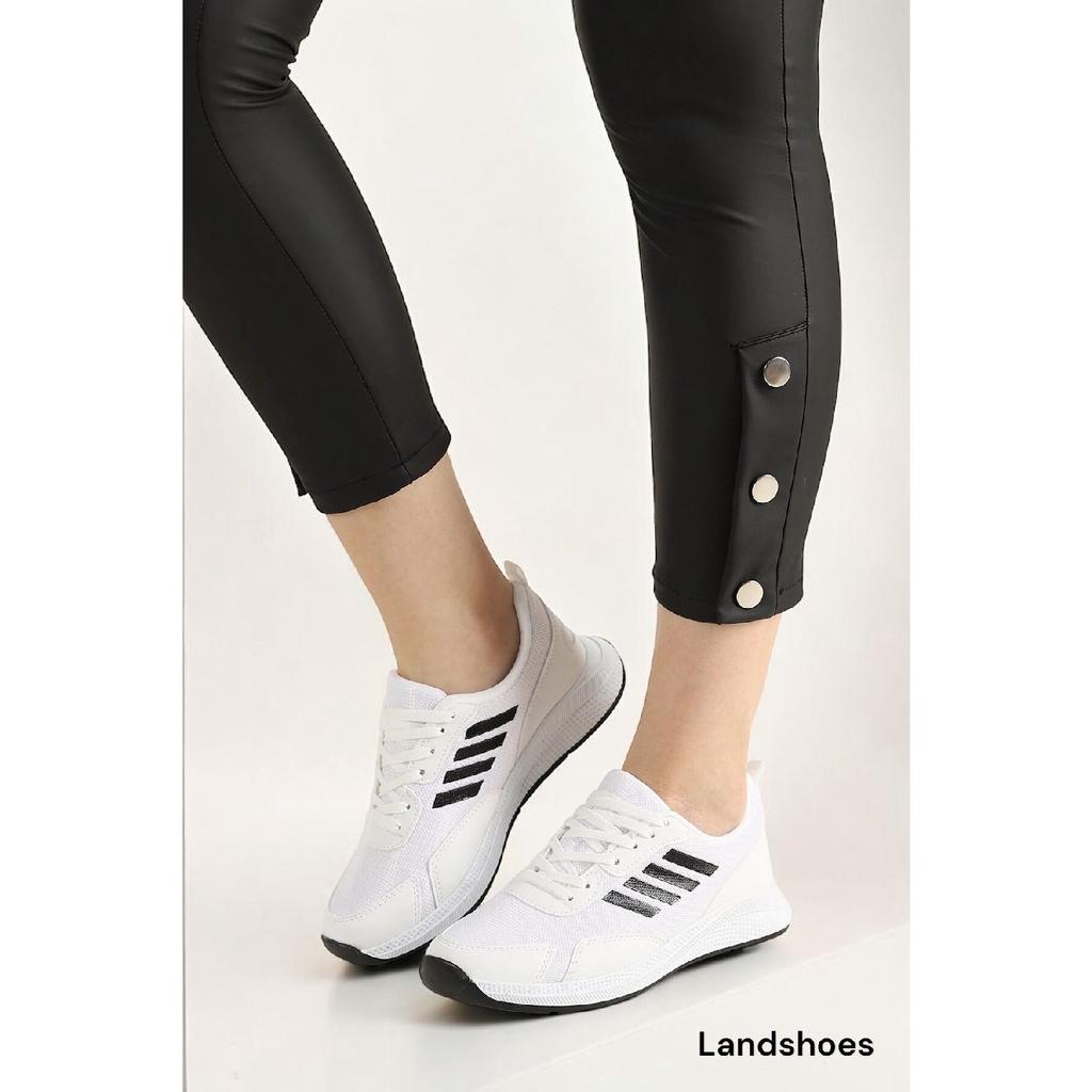 White-black Unisex Striped Flat Sole Lace Up Sports Shoes