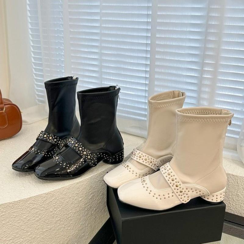 Back zipper rivet square toe thick heel short boots for women 2025 autumn/Winter new French style gentle stretch fashion boots