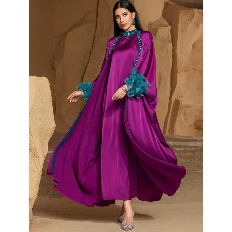 Middle East Fashion Hand Sewing Drill Feather Sleeve One-piece Dress set Hand Sewn Diamond Dress Set