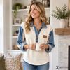 Women's Denim Patchwork Long Sleeve Top Denim Collar and Sleeves Color Block Button Placket Casual Loose Fit Shirt