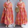 Summer New Literary Age Reduction Large Size Loose and Thin Printed Short-sleeved Long Dress with Pockets Over the Knee Skirt