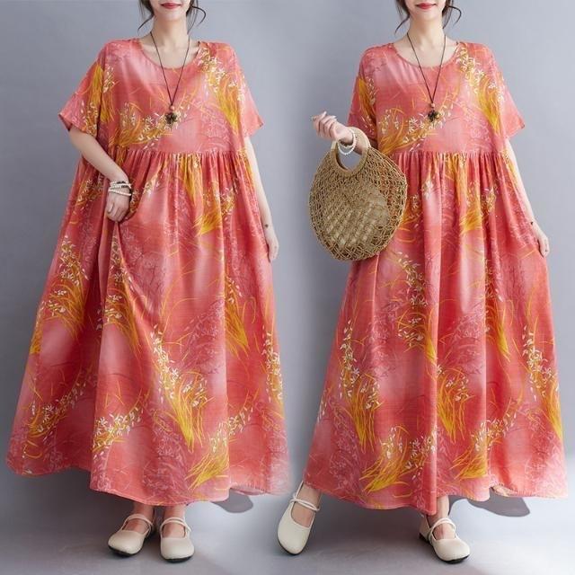Summer New Literary Age Reduction Large Size Loose and Thin Printed Short-sleeved Long Dress with Pockets Over the Knee Skirt