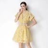 Elegant Lace Embroidery Hollow-out Mini Dress for Women Lapel High Waist A-Line Short Sleeve Single Belt Short Dress Summer