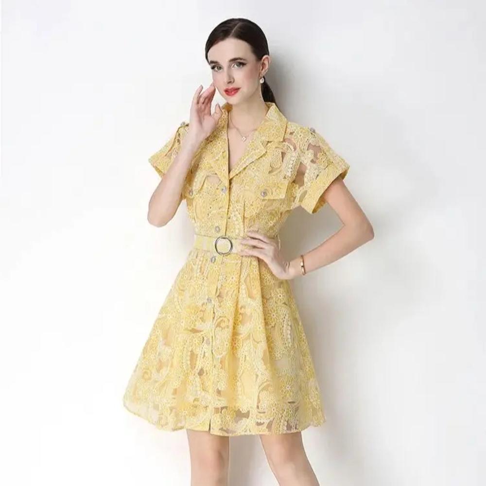 Elegant Lace Embroidery Hollow-out Mini Dress for Women Lapel High Waist A-Line Short Sleeve Single Belt Short Dress Summer