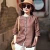 Women Linen Blend Shirt Floral Trim Round Neck Three Quarter Sleeve Button Down Casual Blouse