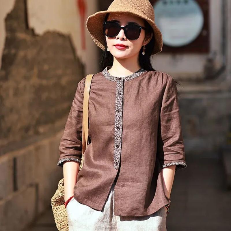 women linen blend shirt floral trim round neck three quarter sleeve button down casual blouse L кофейный