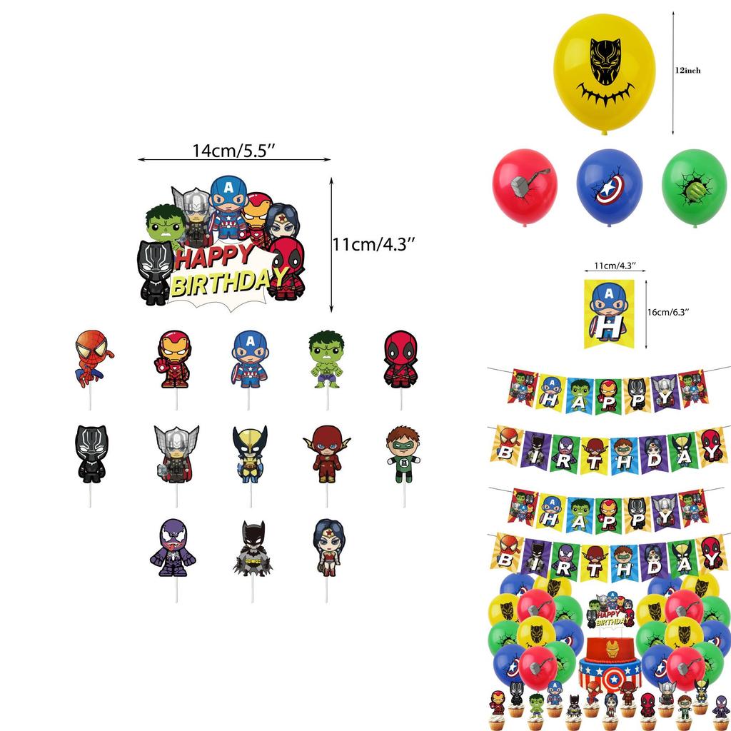 Themed Kids Birthday Party Hanging Flag Banner Decorations Balloon Cake Topper Set