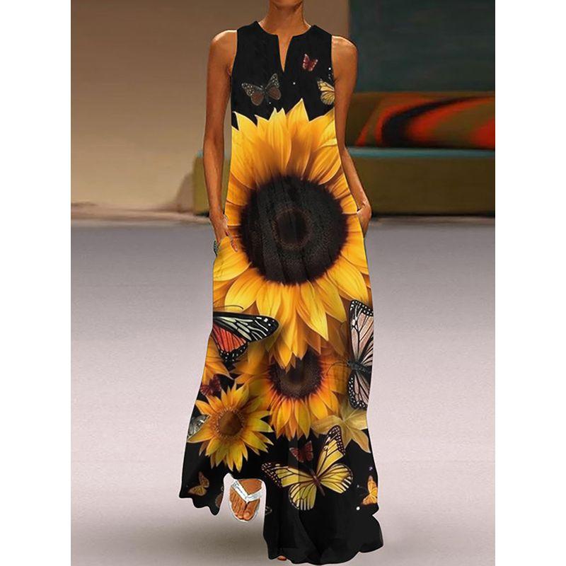 Fashion Plus Size Fancy Dress 3D Print Fashion V Neck Pocket Long Dress Large Swing Sexy Sleeveless Beach Dress
