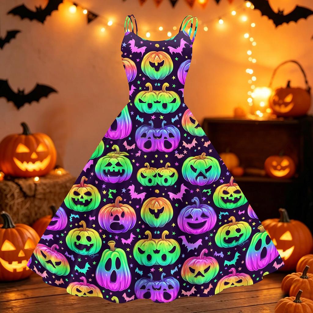 Womens Halloween Print Dress Off Shoulder Punk Style Vintage Flared Skirt Spaghetti Strap Sleeveless Dress for Party