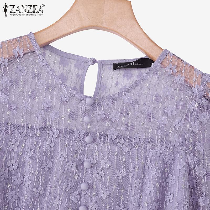 ZANZEA Womens Casual Hollow Lace Patchwork Summer 3/4 Sleeve Blouse