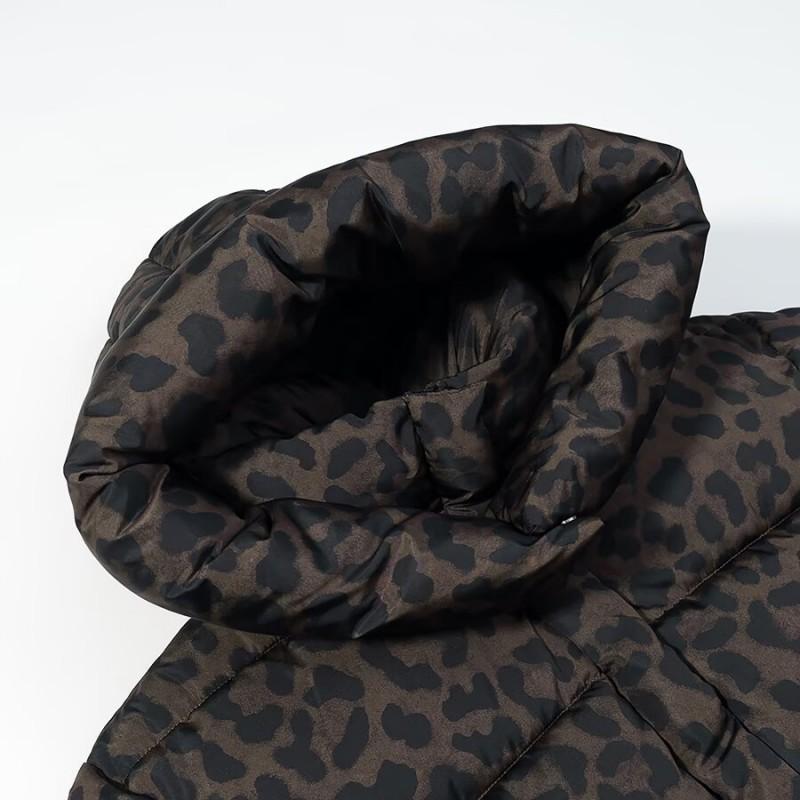 Womens Casual Loose Hooded Leopard Print Puffer Coat Winter Fashion Outerwear