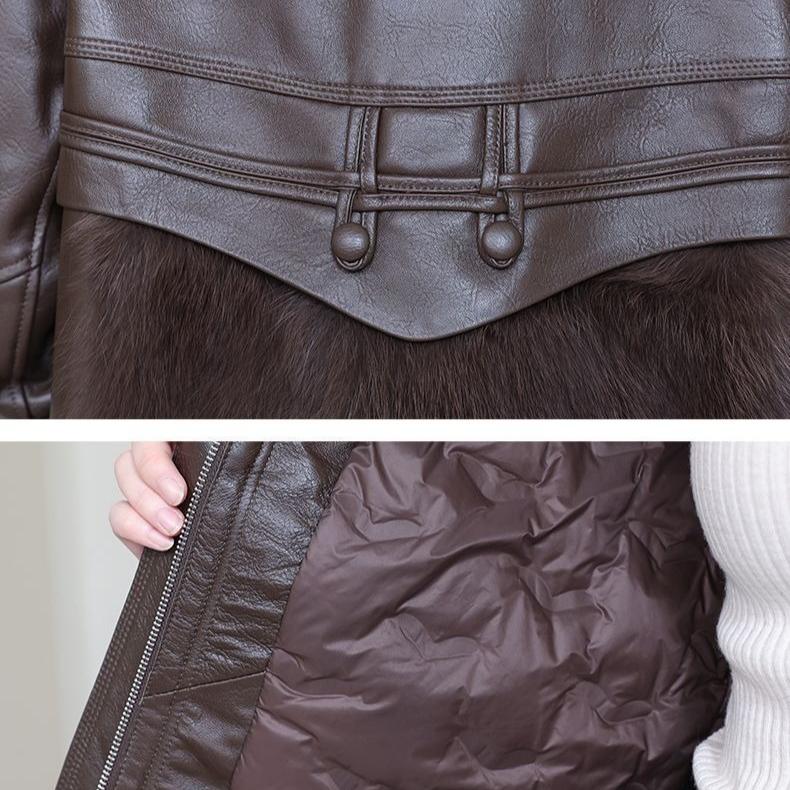 Autumn Winter Women's Faux Fur Coats Stitched Artificial Fox Fur Collar Fur Coat Short Slim Down Leather Jacket