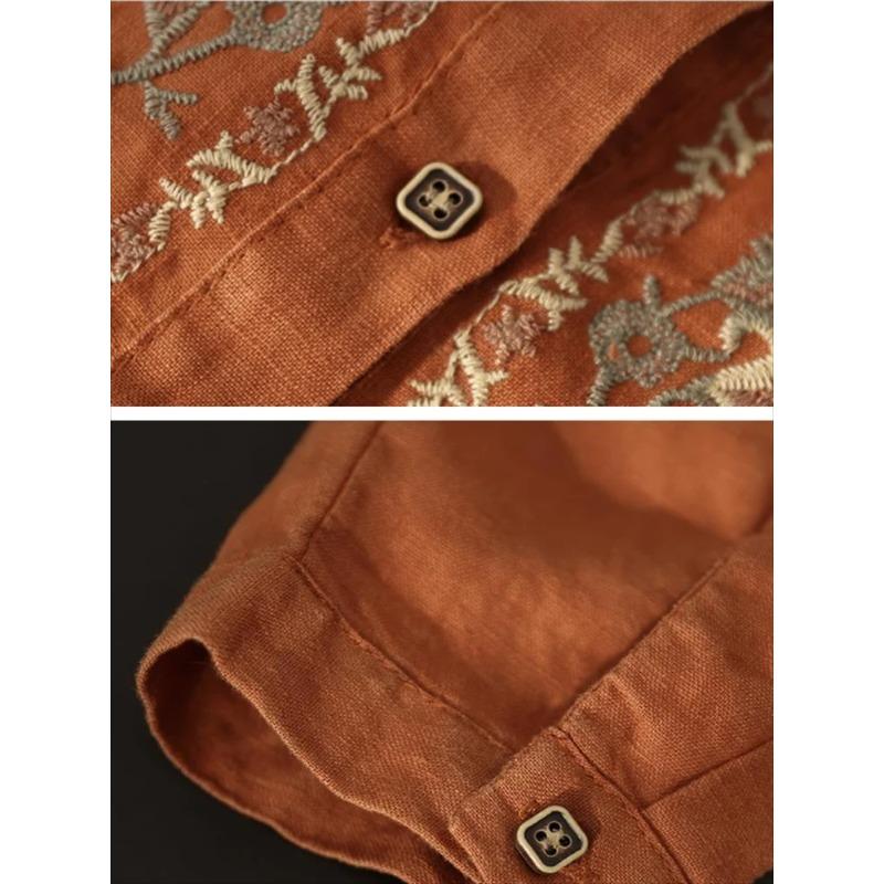 Retro Blouses Women National Shirt Linen Shirt Loose Embroidered Blous Laple Long Sleeve Cardigan Shirts