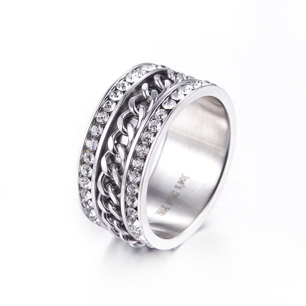 

Элегантное вращающееся кольцо для пары с цирконием: Титановая сталь с двумя рядами бриллиантов Size 7 серебряный