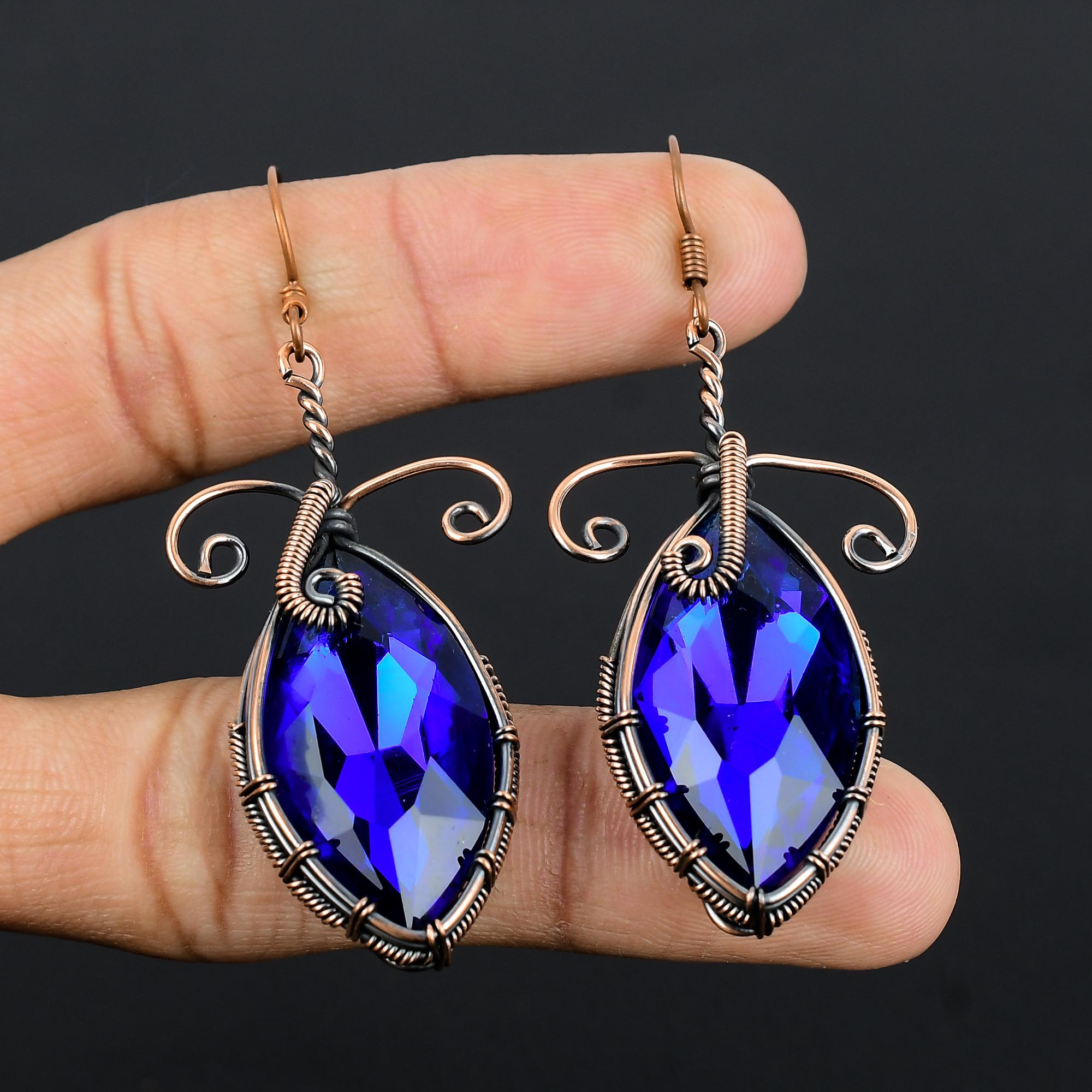 

Blue Sapphire & Mystic Topaz Earrings, Handmade Gemstone Earrings, 925 Solid Sterling Silver Earrings Antique Jewelry, For Engagement Gift 2.55 Inches