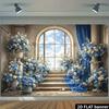 2D European Arch Window Blue White Floral Backdrop Roman Pillar Stair Wedding Photo Background Banner