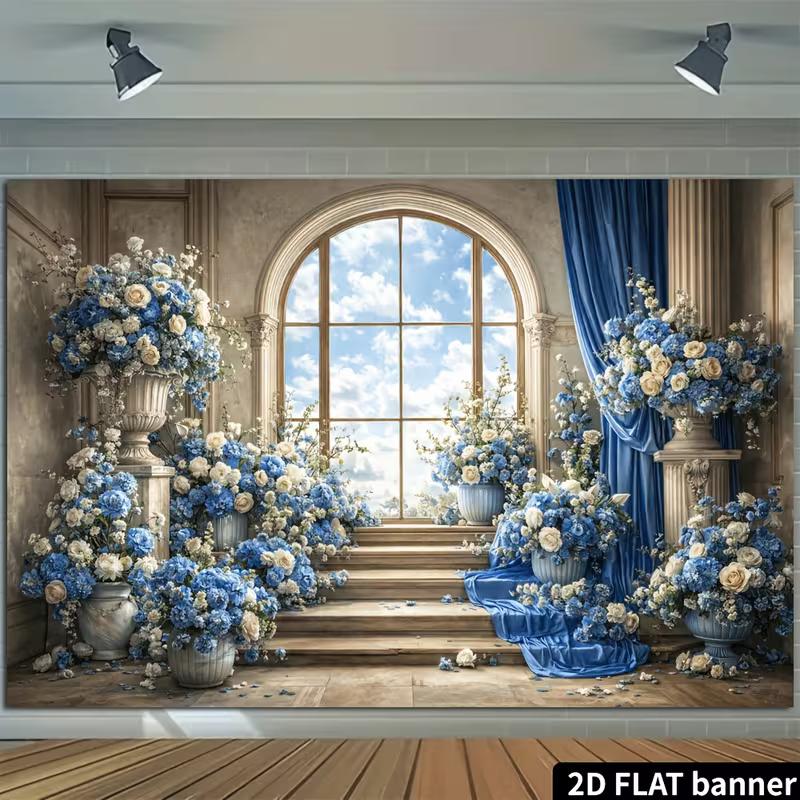 2D European Arch Window Blue White Floral Backdrop Roman Pillar Stair Wedding Photo Background Banner